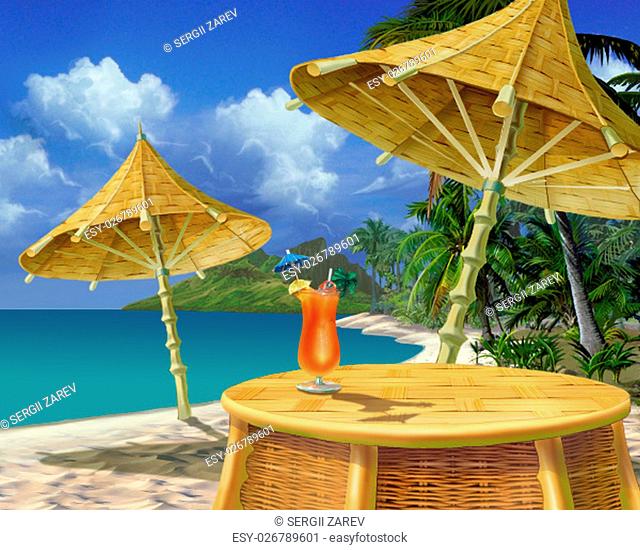 Digital Painting, Illustration of a Summer Drink on a Tropical Beach in Realistic Cartoon Style