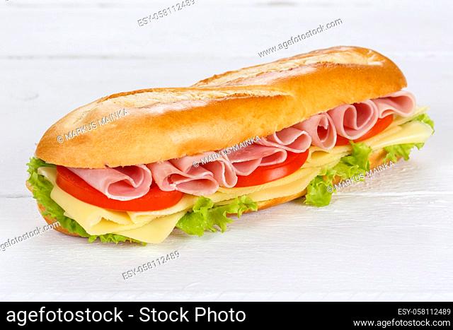 Sandwich baguette with ham and cheese fresh on wooden board wood