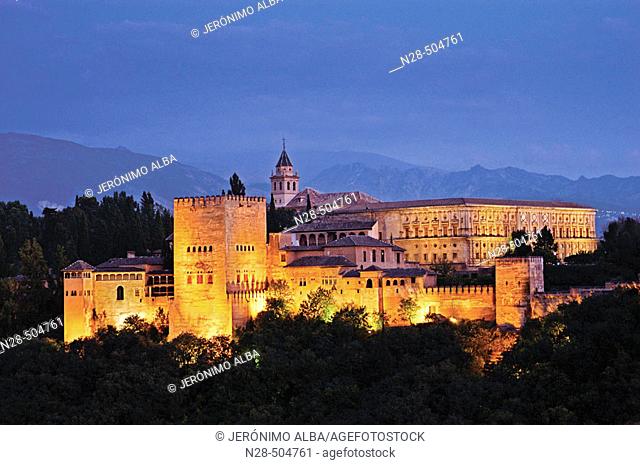 Evening view of the Alhambra from the Mirador de San Nicolas. Granada. Andalucia. Spain