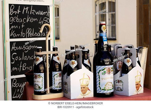 Pope beer, beer bottles displaying a picture of Pope Benedict XVI, Marktl am Inn, Little Market on the Inn River, Chiemgau, Bavaria, Germany, Europe