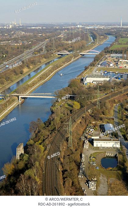 View from Gasometer to Rhine-Herne-Canal river Emscher A 42 Oberhausen North Rhine-Westphalia Germany