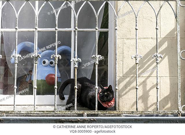 Nick Park's Clifton High School gromit, 'Polygrom', and Sparky the cat with loopy ears and tail and surprised eyes on a balcony in Bristol, England