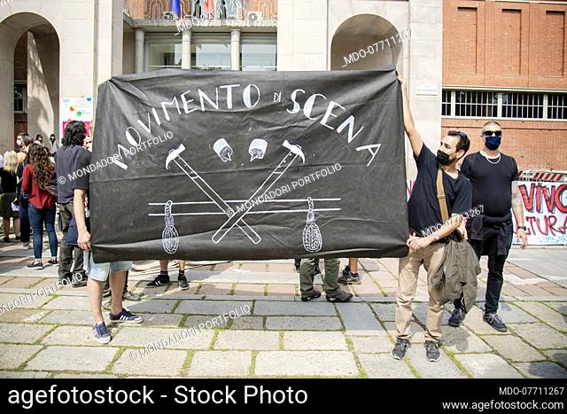 On the day of the reopening of cinemas and theaters, show business workers protest in front of the Milan Triennale against the Minister of Cultural Heritage...