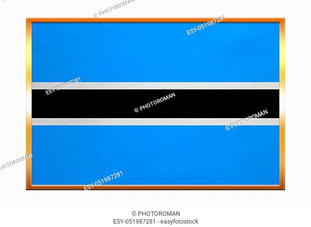 Botswanan national official flag. African patriotic symbol, banner, element, background. Correct colors. Flag of Botswana, golden frame, fabric texture