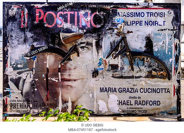 Italy, Sicily, Aeolian Islands, Salina, Santa Marina Salina, commemorative plaque with bicycle to film 'The Postman', 'Il Postino'