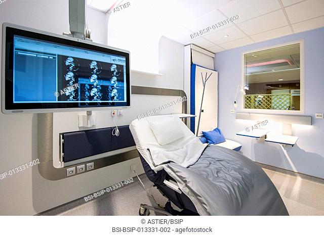 HOSPITAL ROOM. Concept room prototype designed by Lille hospital and Clubster Santé in France. The hospital room of the future provides ergonomic fittings...