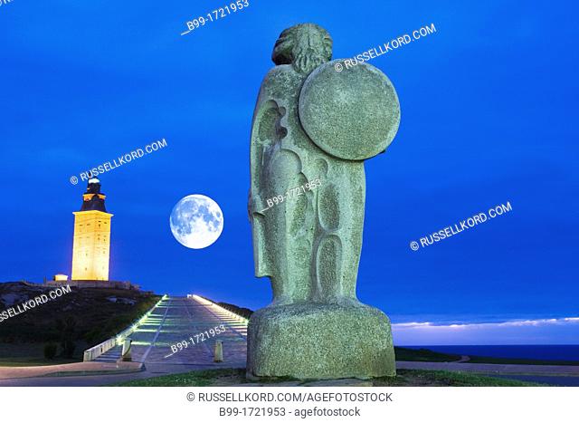 Hercules Statue And Tower Of Hercules Roman Lighthouse La Coruna Galicia Spain