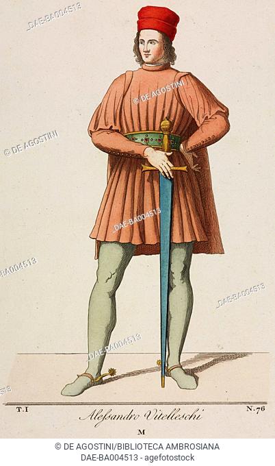 Alessandro Vitelleschi standing wearing a sword (from a tombstone in Corneto), 15th century, illustration from Historical Costumes from the 13th-15th Centuries...