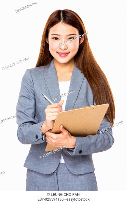 Young happy smiling business woman with folder