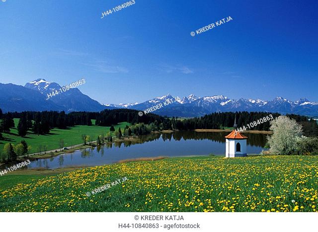 Germany, Europe, Bavaria, Hegratsrieder See, Allgau, lake, mountains, alps, landscape, Tannheimer Alpen, chapel, churc