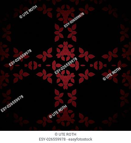 Geometric seamless background. Dark regular hexagon pattern with abstract leaves in red brown shades on black, centered and blurred