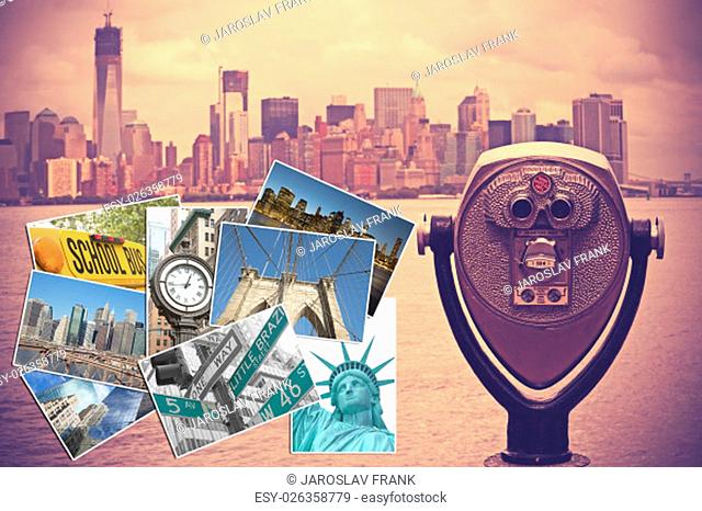 Coin operated binocular with Lower Manhattan on the background is in the right side of the picture. Set of photos from New York City are in the left side of the...
