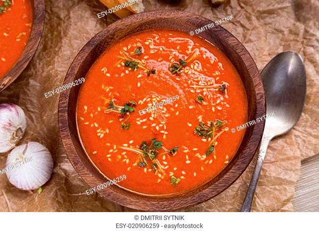 tomatos soup puree on crushed brown paper