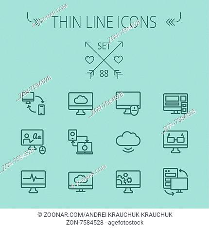 Technology thin line icon set for web and mobile. Set includes - monitors transferring data, cloud, mouse, wifi, gear, speaker