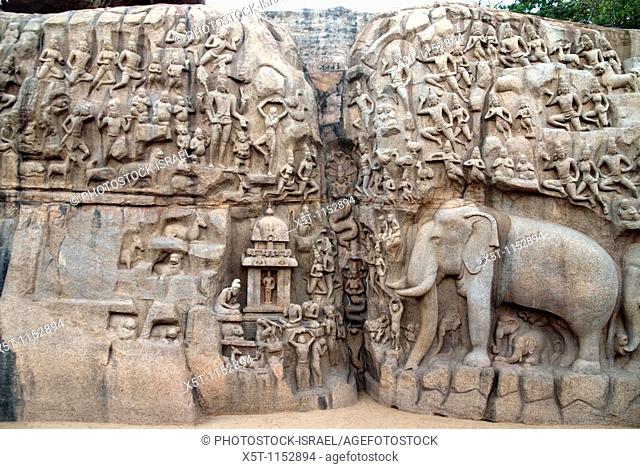 India, Mahabalipuram, Arjuna's Penance or Bhagiratha's Penance is the name of a massive open air bas-relief monolith dating from the 7th century CE located in...