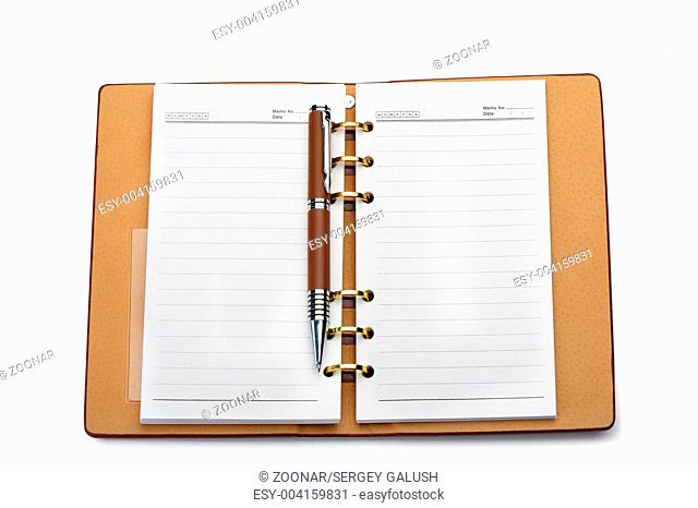 Open notebook with copper binding and stylish pen
