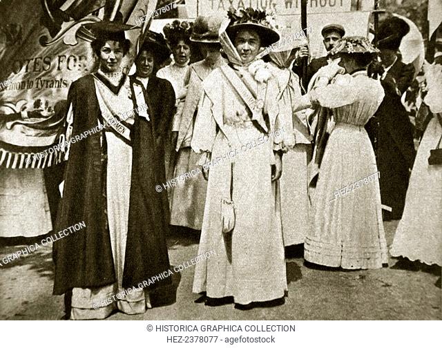 Emmeline Pethick-Lawrence and Emmeline Pankhurst, British suffragettes, 1908. Emmeline Pethick Lawrence (1867-1954) and Emmeline Pankhurst (1858-1928) were two...