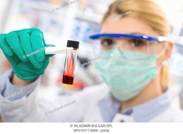 Laboratory assistant holding a test tube with tweezers