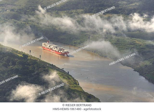 Panama, Panama Canal, a Panamax container cargo uses the Gaillard cut (or Culebra cut) between the Pedro Miguel locks on the Pacific side and the Chagres river...