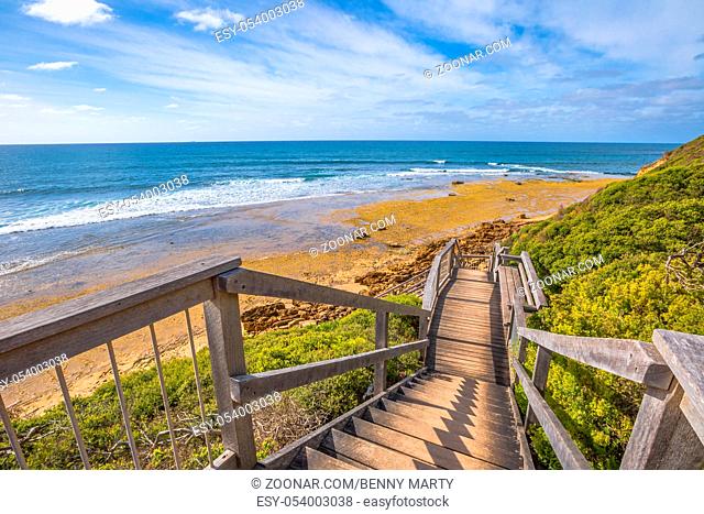Walkway to the legendary Bells Beach - the beach of the cult film Point Break, near Torquay, gateway to the Surf Coast of Victoria, Australia