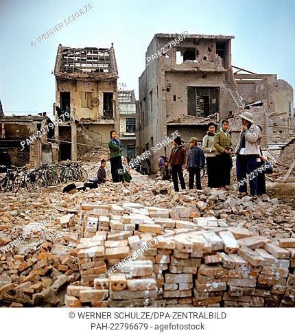 Ruins of houses in Kham Thien, a part of Hanoi in North Vietnam, photographed in March 1973. The United States of America flew about 2
