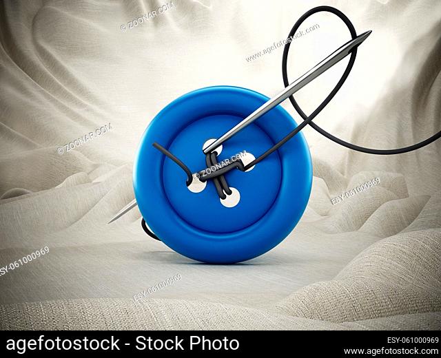 Sewing needle, string and red button on white cloth. 3D illustration