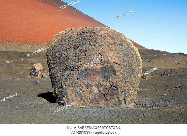 Giant volcanic bomb. Montana Roja Volcano, Lanzarote Island, Canary Islands, Spain