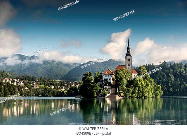 View of church on Bled Island, Lake Bled, Slovenia