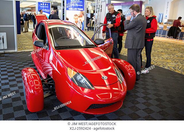Detroit, Michigan - The Elio, a three-wheeled car on display at the North American International Auto Show. Elio Motors hopes to begin manufacturing the 84 MPG...