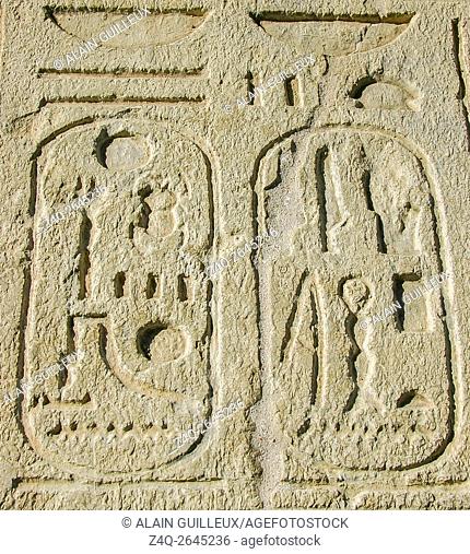 Egypt, Cairo, Heliopolis, open air museum, obelisk parc. Detail of a statue of the king Sethy II : Cartouches of the king on the offering table