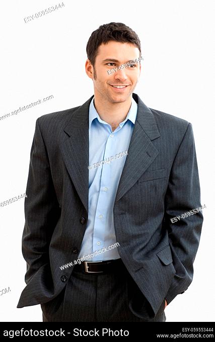 Happy casual businessman wearing suit and open collar shirt without tie, smiling