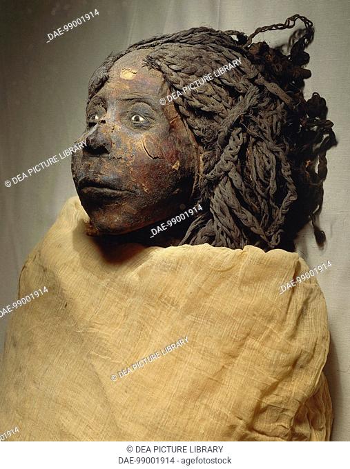 Egyptian civilization, Third Intermediate Period, Dynasty XXI. Mummy of Queen Nedjemet, wife of Herihor. Face detail.  Cairo, Egyptian Museum