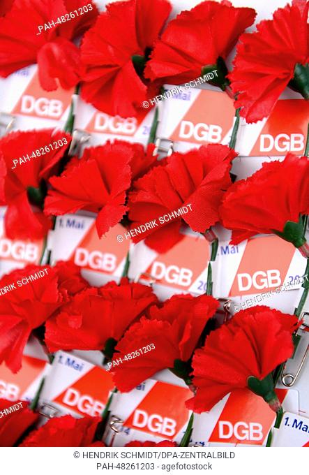 Pins in the shape of red carnations at the booth of the DGB in Plauen, Germany, 01 May 2014. Rallys by political parties and unions are taking place all across...