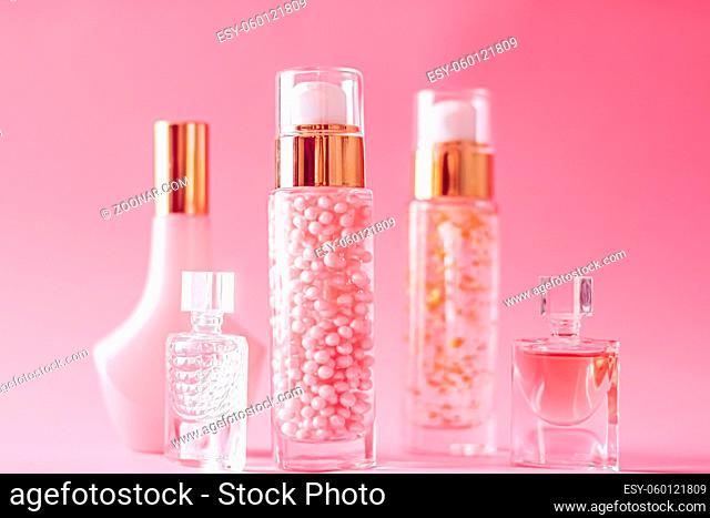 Make-up and cosmetics product set on pink background