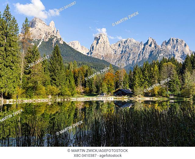 Lago Welsperg. Valle del Canali in the mountain range Pale di San Martino, part of UNESCO world heritage Dolomites, in the dolomites of the Primiero