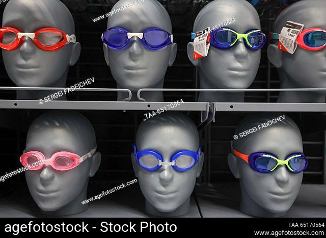 RUSSIA, MOSCOW - NOVEMBER 25, 2023: Swimming goggles are for sale at the first Desport sports goods shop opened at a former Decathlon store at the Aviapark...