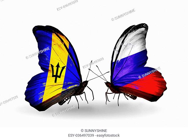 Two butterflies with flags on wings as symbol of relations Barbados and Russia