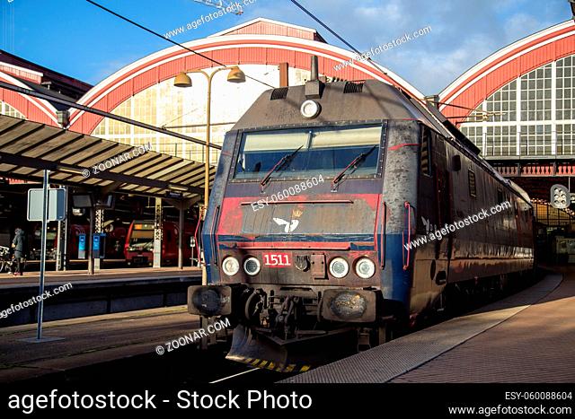 Copenhagen, Denmark - December 02, 2016: A train waiting at the central railway station in the city center