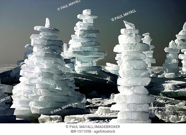 Man-made ice towers on frozen lake Chiemsee, Chiemgau, Upper Bavaria, Germany, Europe