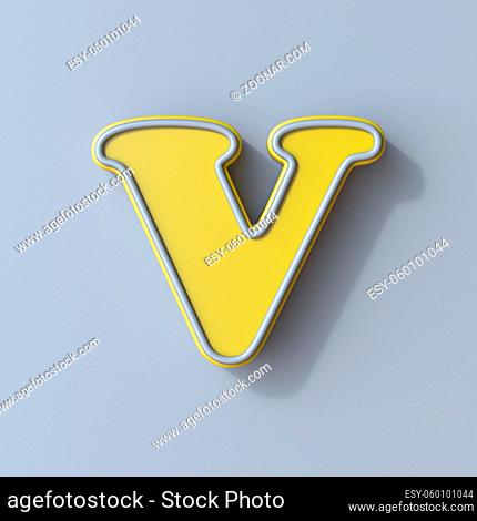 Yellow cartoon font Letter V 3D render illustration isolated on gray background