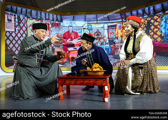 RUSSIA, MOSCOW - DECEMBER 12, 2023: A traditional wedding takes place on Kalmykia Republic Day as part of the Russia Expo international exhibition and forum at...