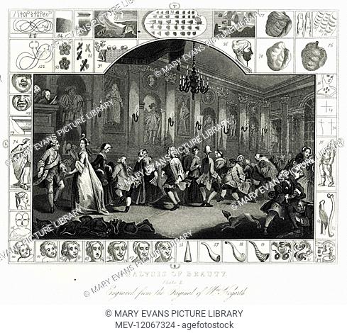The Analysis of Beauty II by William Hogarth -- men and women dancing in a grand salon