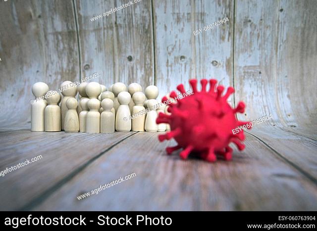 group of people standing against bacteria, virus covid-19, Social distancing wooden background copy space space for text