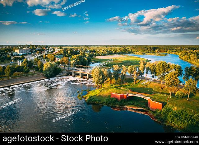 Dobrush, Gomel Region, Belarus. Aerial View Of Skyline Cityscape In Summer Day