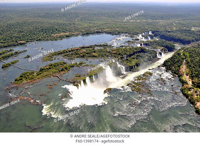 Aerial view of Iguassu Falls, Iguassu river, border between Brazil and Argentina