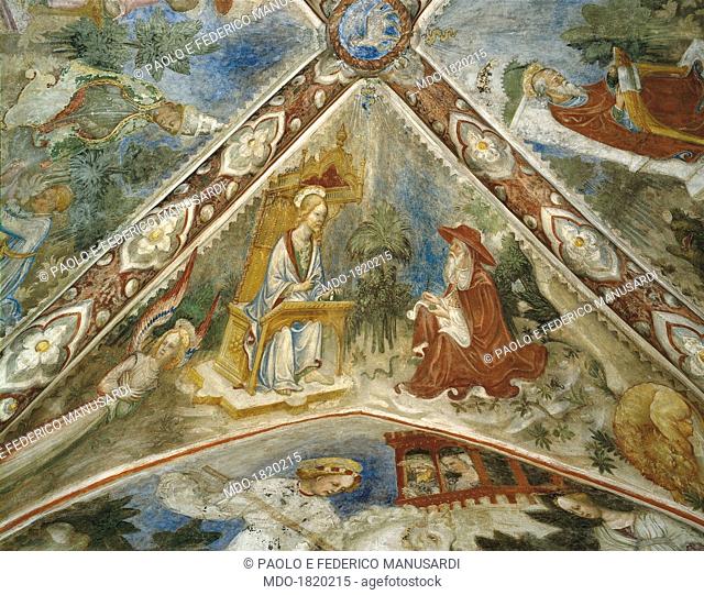 Saint Matthew and Saint Jerome, by Bonifacio Bembo, 15th century, fresco. Italy, Emilia Romagna, Monticelli d'Ongina, Pallavicino Castle. Detail