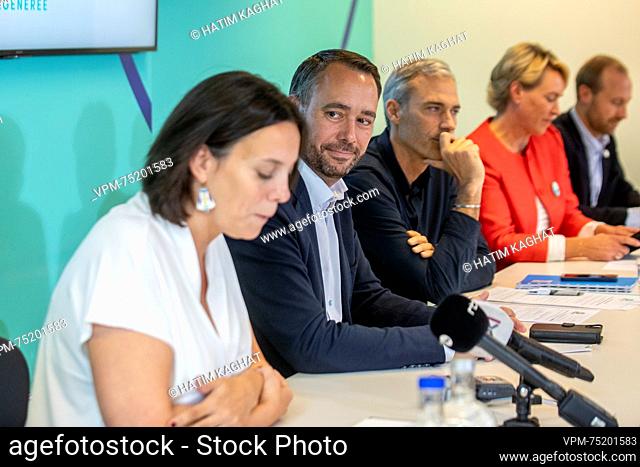 Elisabeth Degryse, Les Engages' chairman Maxime Prevot, Yvan Verougstraete and Les Engages' Celine Fremault pictured during a press conference of...