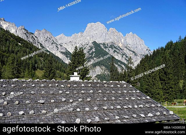 Germany, Bavaria, Upper Bavaria, Berchtesgaden, Ramsau, Klausbachtal, Reiteralpe, Mühlsturzhörner, Hirschbichl, Bindalm, hut roof
