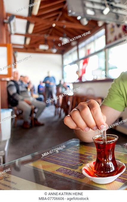 Turkish tea on table in cafe, Bodrum, Turkey