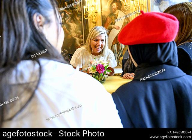 Queen Maxima of The Netherlands at Palace Huis ten Bosch in The Hague, on September 20, 2023, to receive the craftsmen who helped embroider the new curtains for...